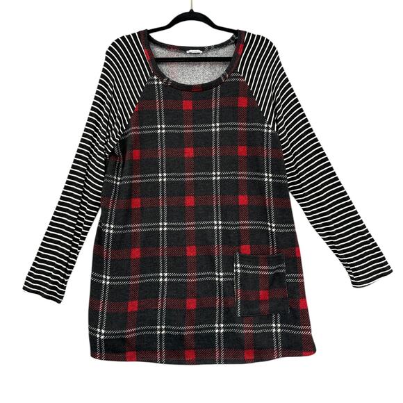Egs California Tops - Egs California Red Black Plaid Striped Sleeves Long Sleeve Tunic Top Size XL‎
